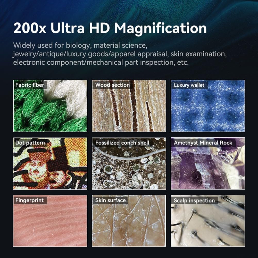 Obiettivo per microscopio 200X per cellulare, luce LED (150x) | Ingrandimento 200X, luce LED integrata, plastica ABS, cavo di ricarica di tipo C, immagini nitide