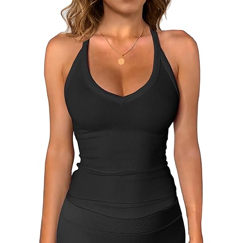iGENJUN Workout Tops for Women Racerback Basic Tank Summer 2025 Camisole V Neck Slim Fit Ribbed Sleeveless