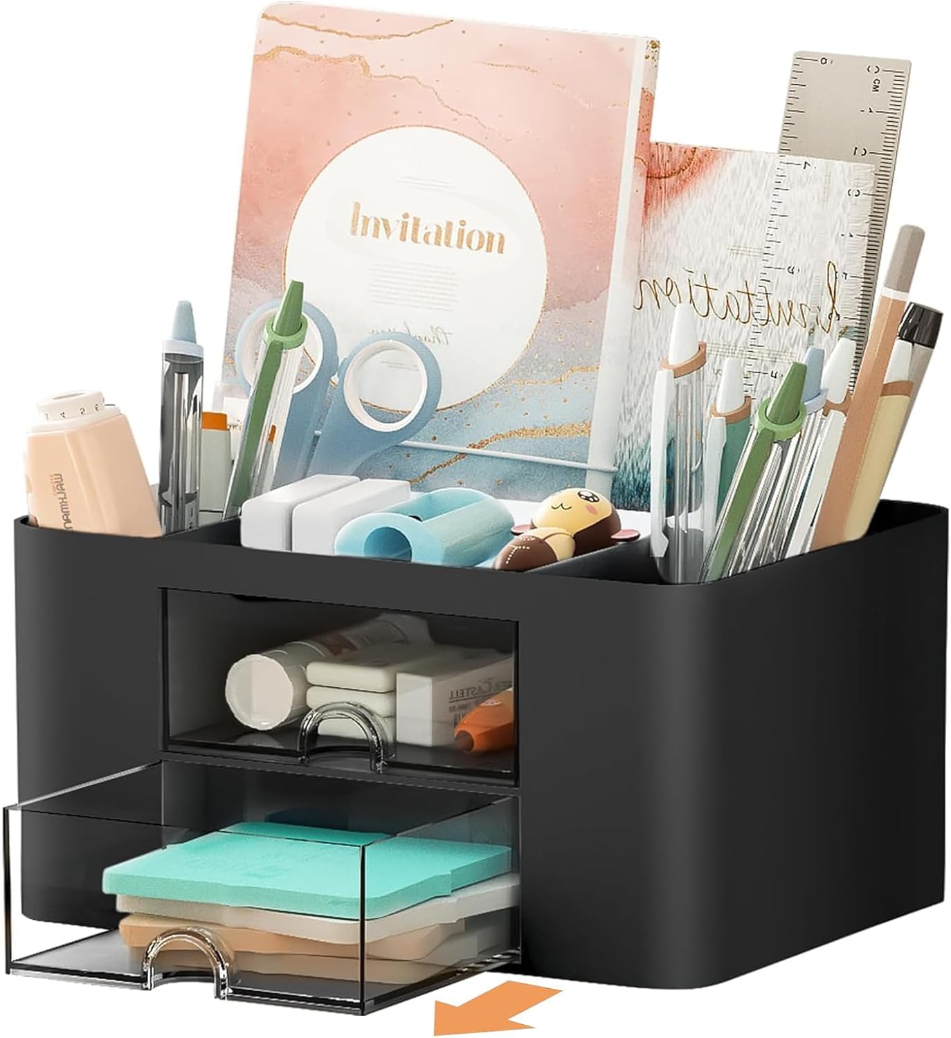 UCRAVO Versatile Desk Organiser with 5 Compartments, 2 Drawers and Multifunctional Storage Options - Ideal for Office Supplies, Stationery and Desk Accessories, Office Organiser - Black