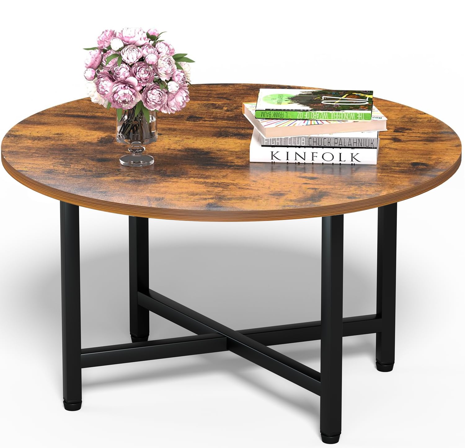 FAMIDGE Round Coffee Table, 23.6" Small Coffee Tables for Living Room, Circle Coffee Table with Metal Frame, Floor Table Desk for Sitting on The Floor