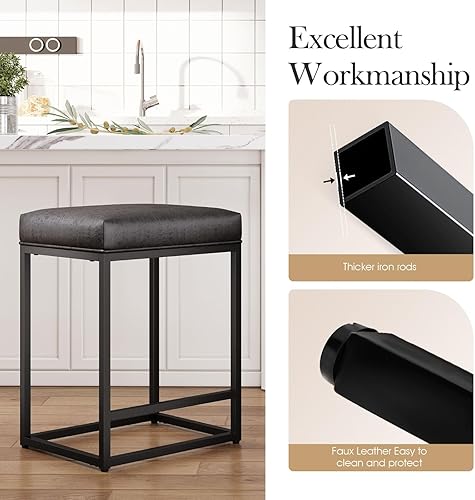 Miniatura 56 de Sophia & William Taburete de bar negro de 24 pulgadas de altura de mostrador, taburetes de bar tapizados con reposapiés, taburetes modernos de piel