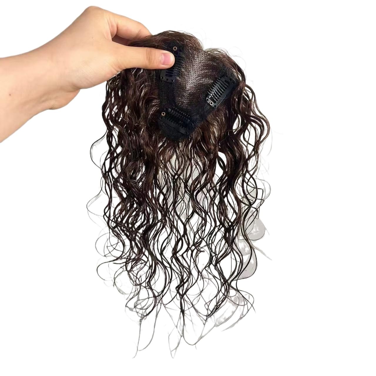 T-shape Base Handmade Fluffy Curly Hair Wiglet Clip in 100% Real Human Hair Topper for Women Thin Hair (Dark brown,25cm)