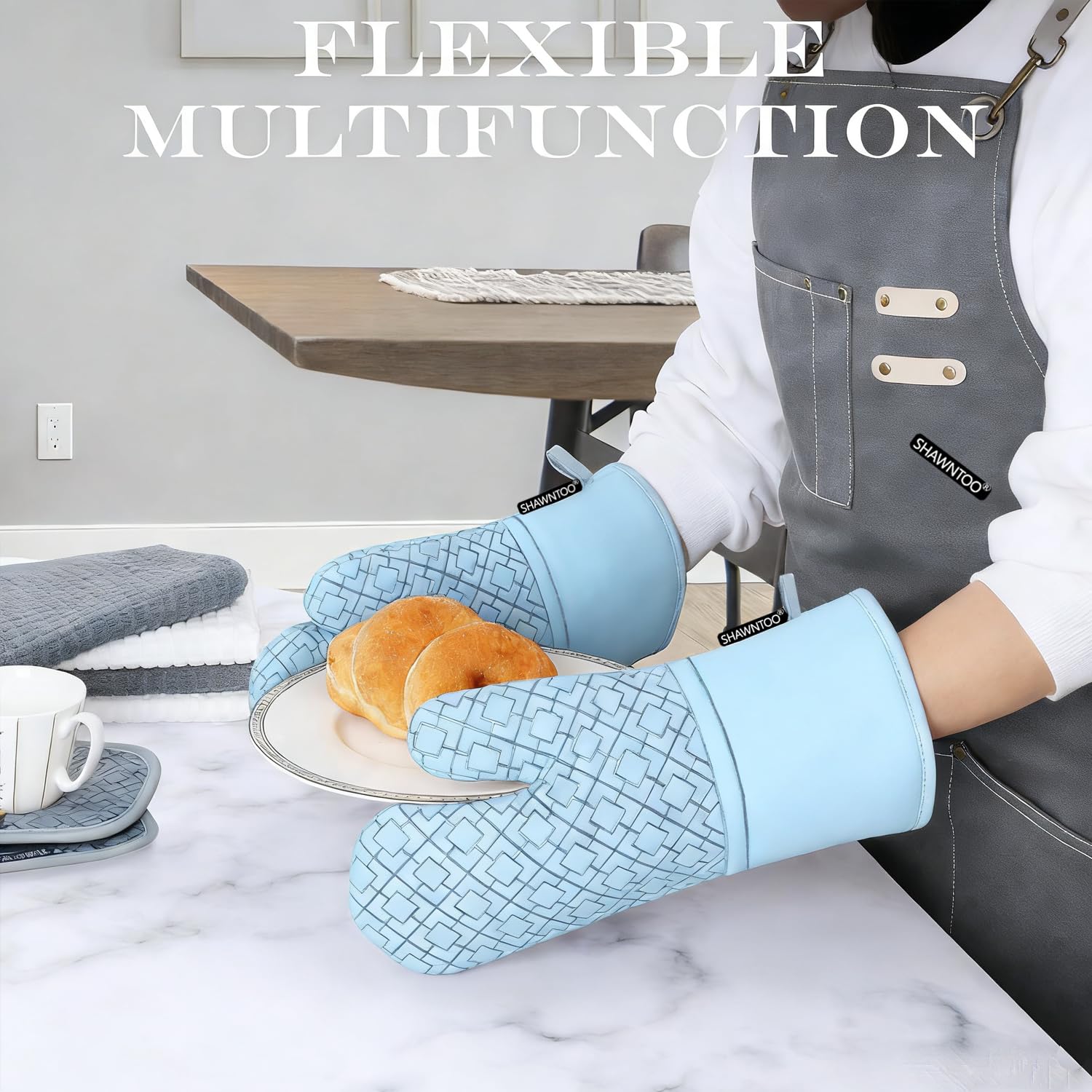 Juego de 6 manoplas de horno y soportes para ollas, guantes de horno de cocina, resistentes al calor, guantes de horno extralargos de 550 grados y agarraderas con superficie de silicona antideslizante