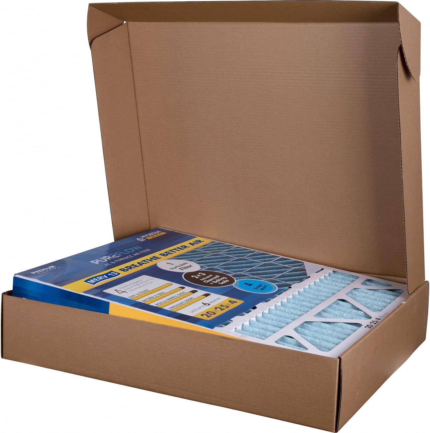 PUREFLOW Odor Control Home Air Filter MERV 13, 20x25x4 Furnace Filter, 4 Layer High Efficiency Filtration for Dust, Smoke, Fumes, Pollutants