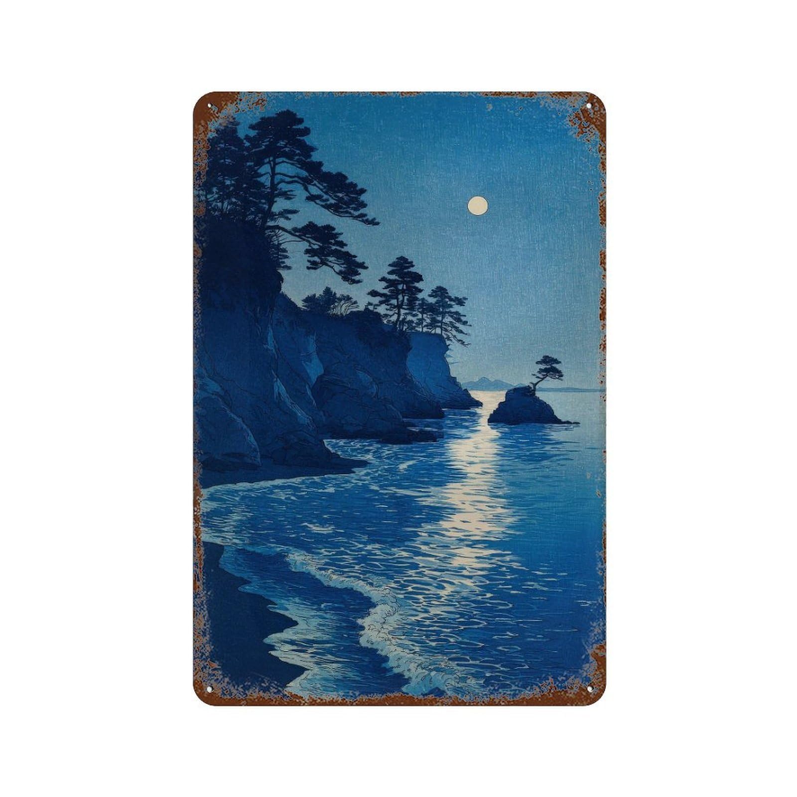 xiaoxiaoshen Moonlit Coastal Landscape. Shin Wall Decor Art Metal Tin Poster Modern Home Decor Art Home Bar Shop Decorations Vintage Sign 30x20cm