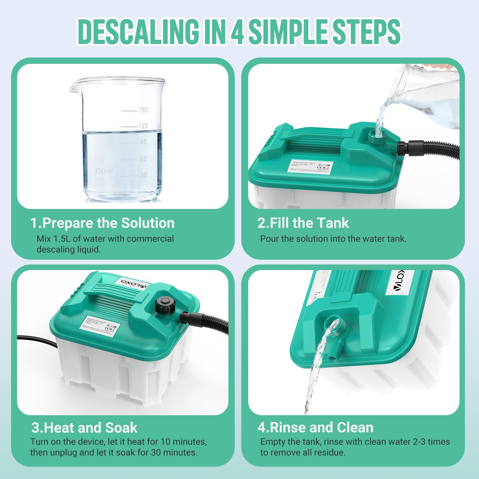2300W Décolleuse Papier Peint, VLOXO Décolleur Papier Peint avec Réservoir 4,5L, Spatule et Autonomie 70 min, Décapeur pour Vinyle, Peinture, Plusieurs Couches et Murs Texturés