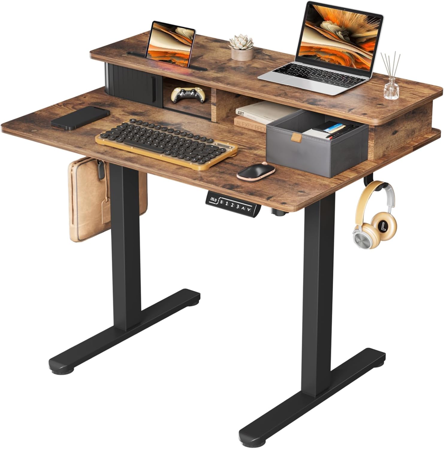 JOY worker Small Electric Standing Desk, 35 x 25 Height Adjustable Desk with Built-in Monitor Stand  Storage Drawer, White Sit Stand Table with 2 Hooks for Home Office