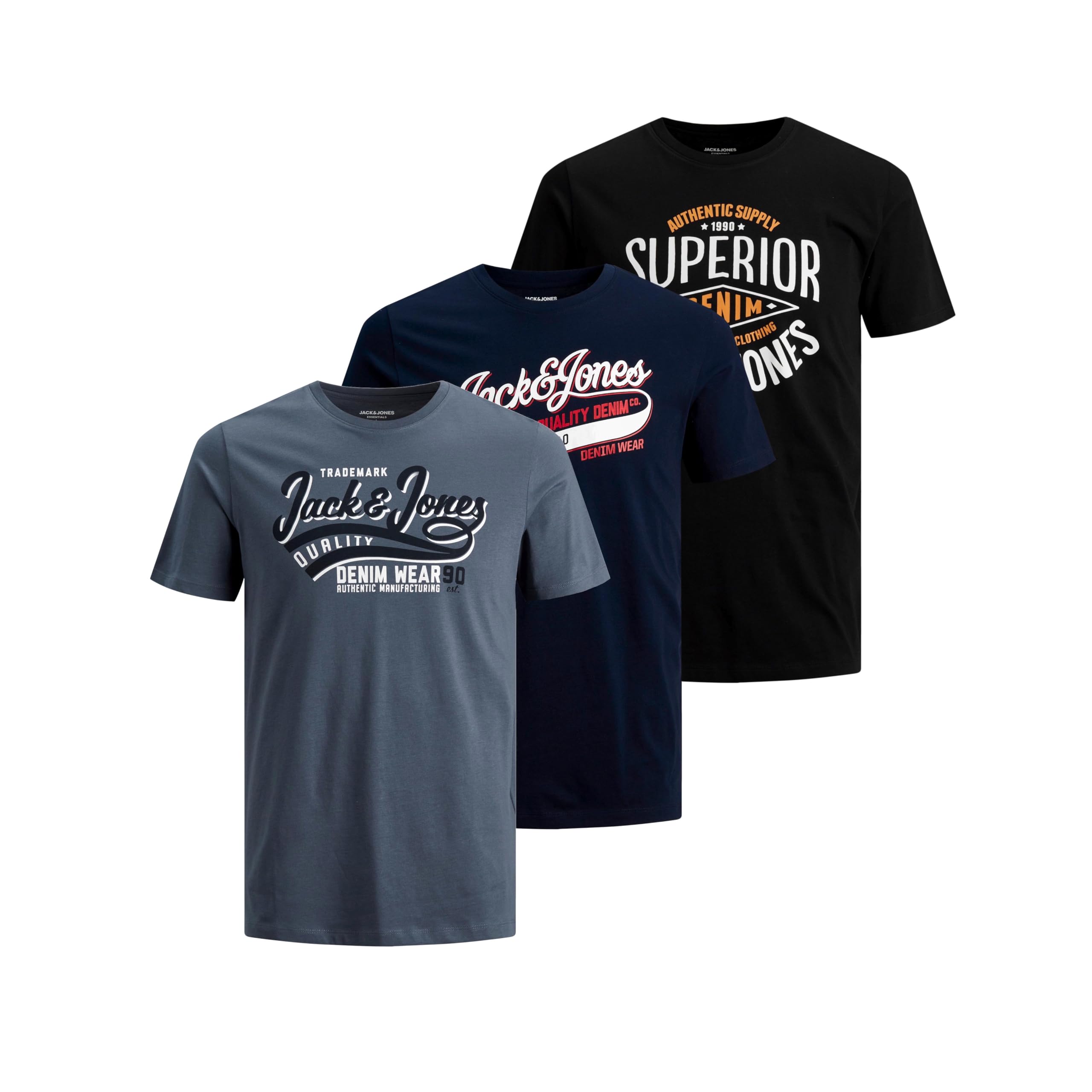 Jack & Jones JJELOGO - Camiseta de manga corta para hombre con cuello redondo, 3 unidades