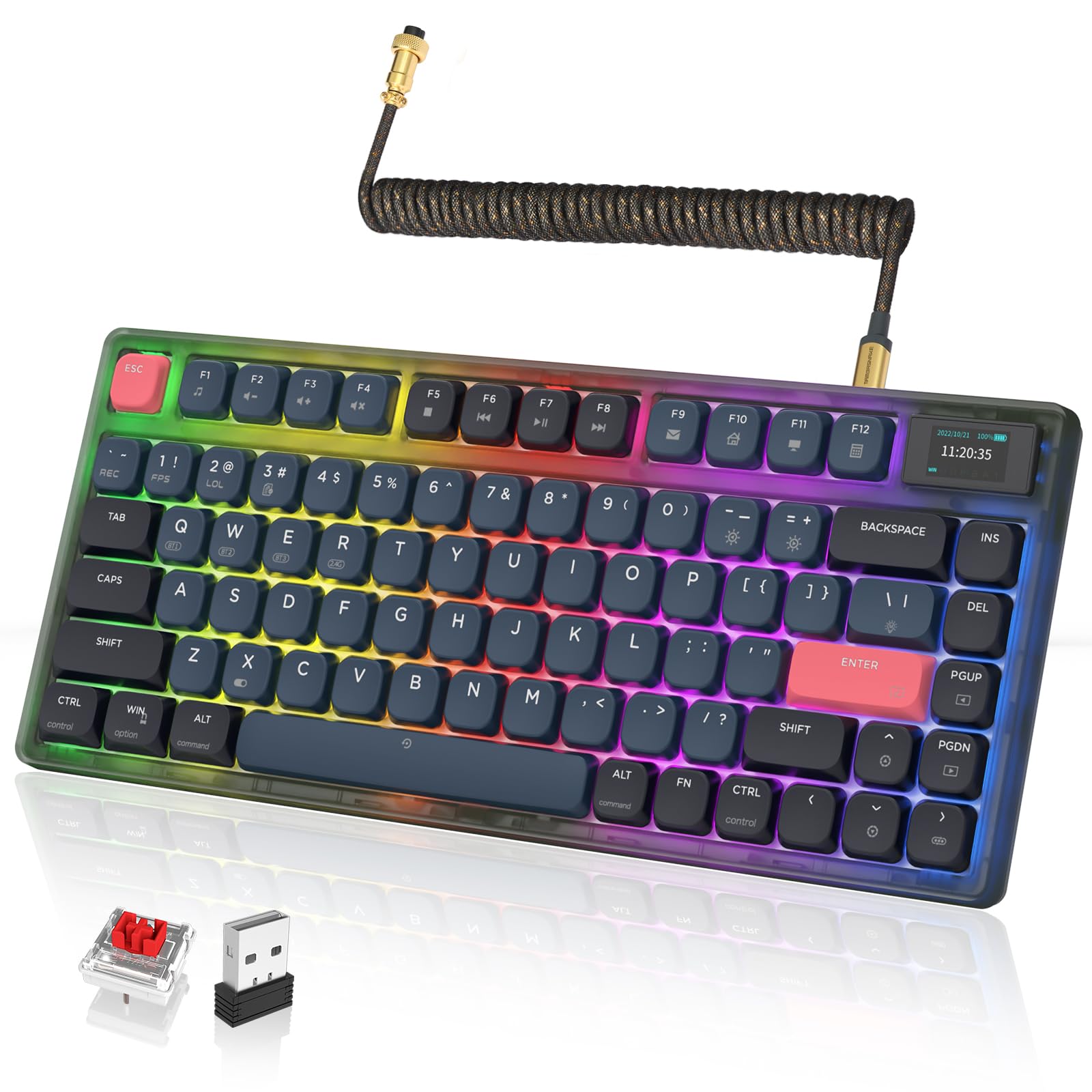 A.JAZZ AK832Pro Wireless Mechanical Gaming Keyboard 75% Low Profile Gasket with 2.4Ghz/Bluetooth 5.0/Wired Coiled Cable Screen Display RGB Backlight NKRO TKL for Win Mac Gamer (Ink Red/Red Switch)