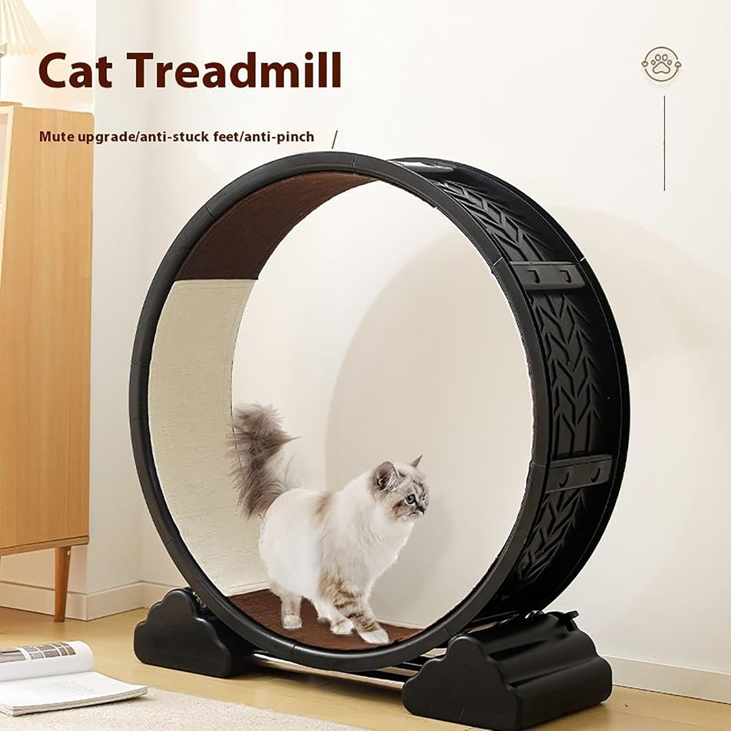 Cat Exercise Wheel, 35.43'' Large Quiet Cat Running Wheel for Indoor Cats, Pet Fitness Treadmill with Removable Wear-Resistant Carpet and Safety Lock