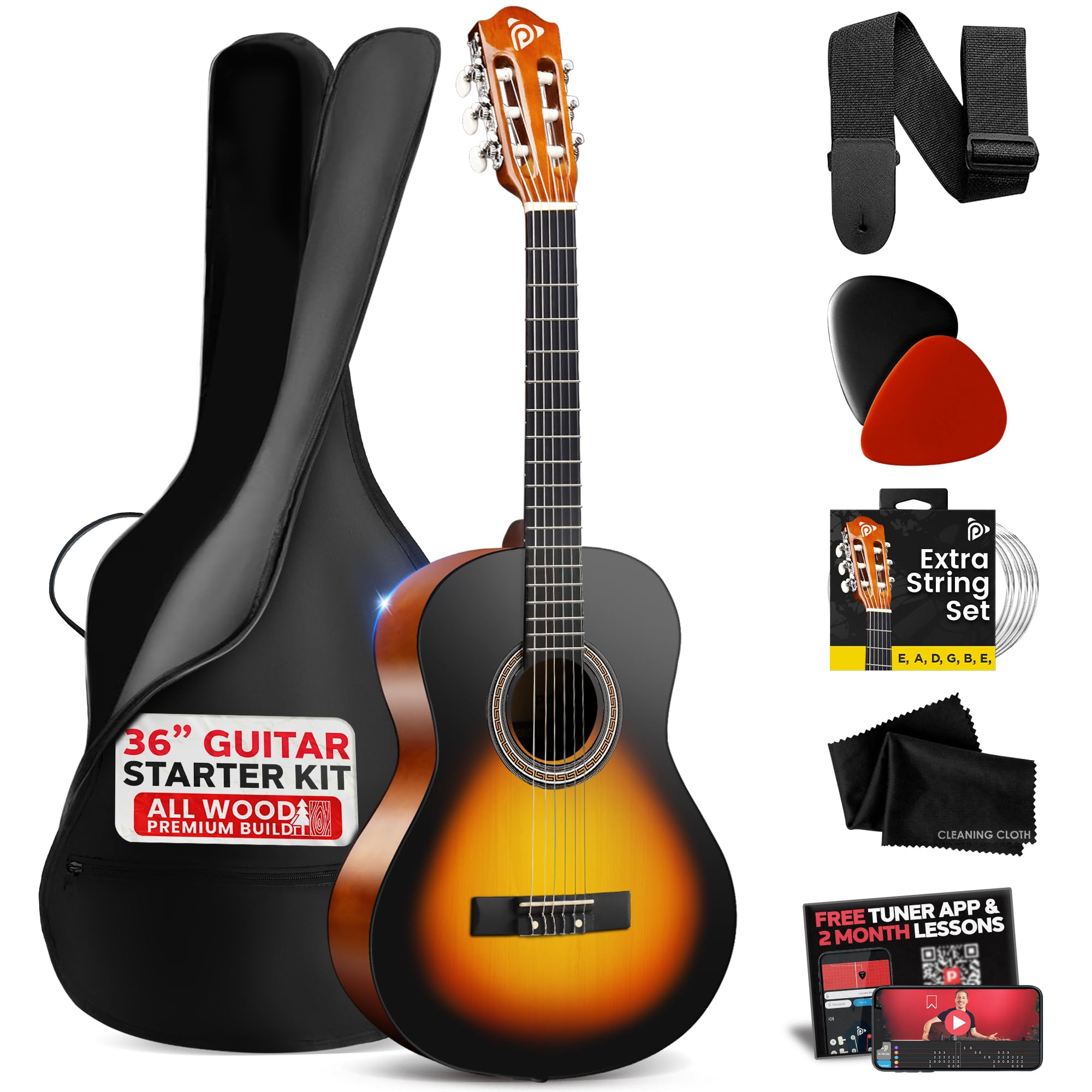 Pyle Beginner Acoustic Guitar, Junior Size 99 cm, All Wood Build Nylon String with Capo Strap, Extra String Set, and Gig Bag Acoustic, For Kids Adults Youth Classical Kit Sunburst Teardrop, Matte
