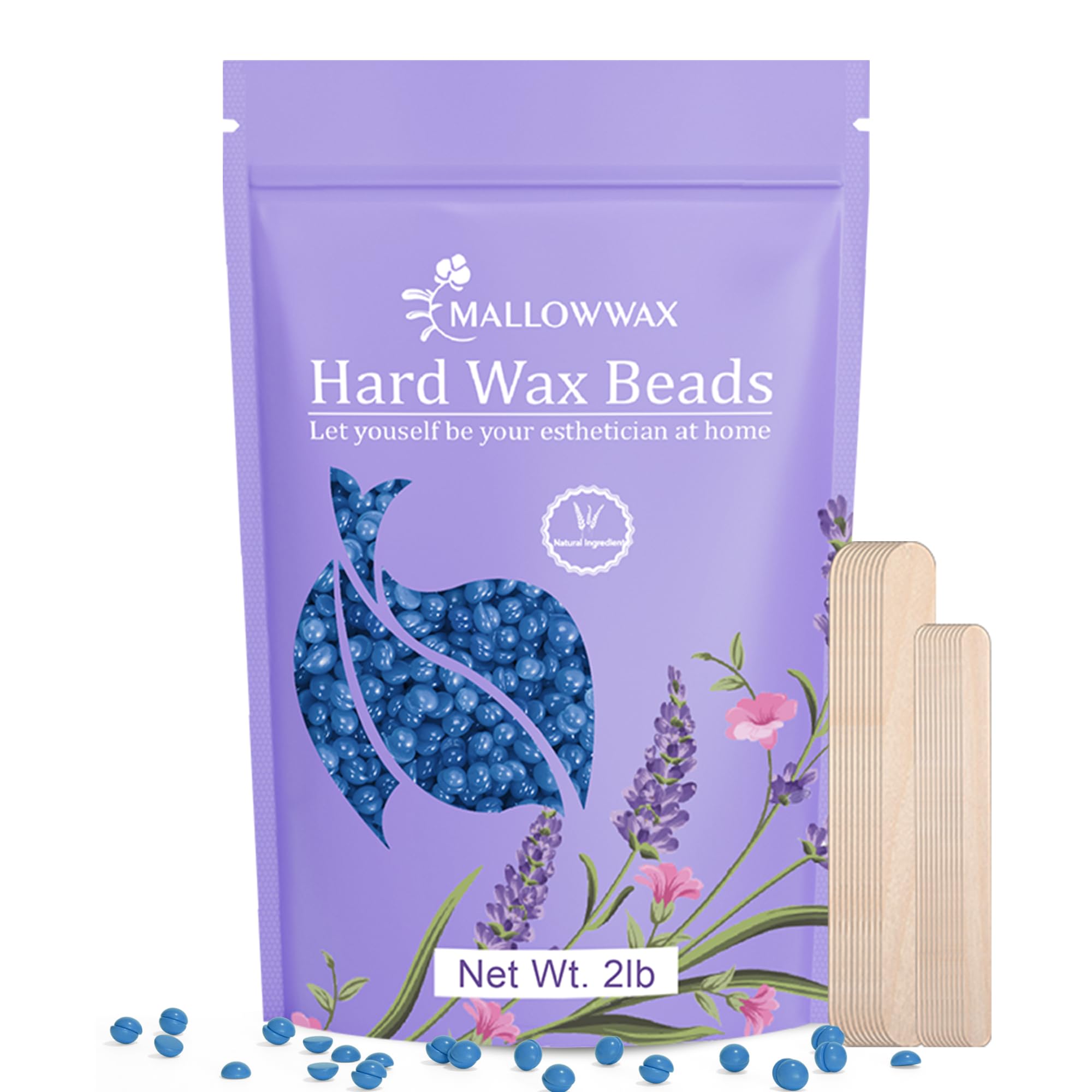 Mallowwax Hard Wax Beads, 2LB Blue Wax for Full-Body Hair, Strong Grip for Thick Hair Removal, Waxing for Legs, Arms, Chest & Back, No Strips Needed,