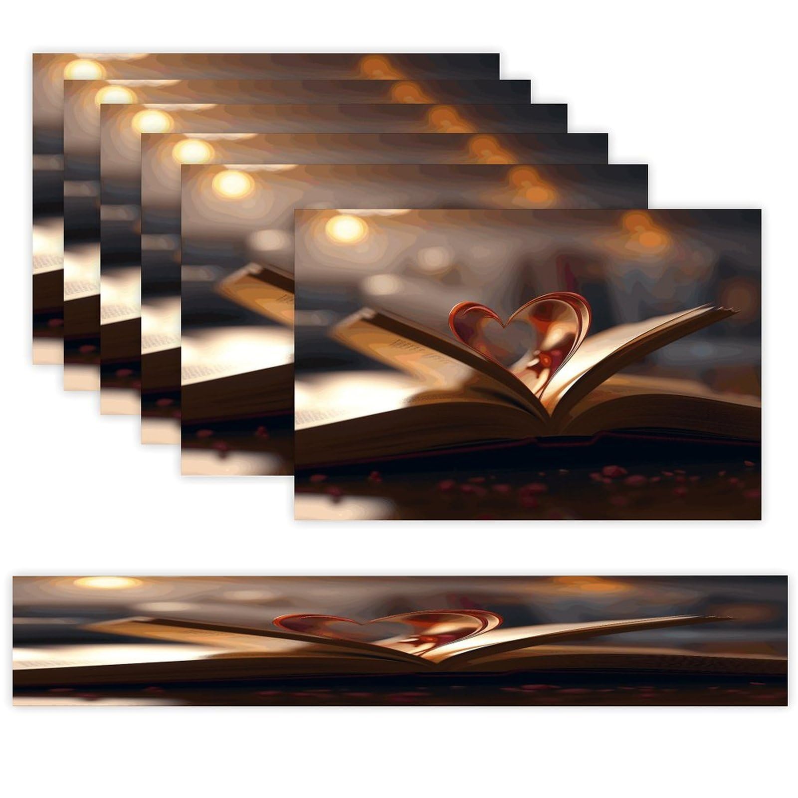 There's A Heart in The Book Table Runner and Placemats Set of 6 Heat Resistant Washable Table Runners Dining Mat Sets Modern Cloth Place Mats Linen Table Decor for Kitchen Dining Room