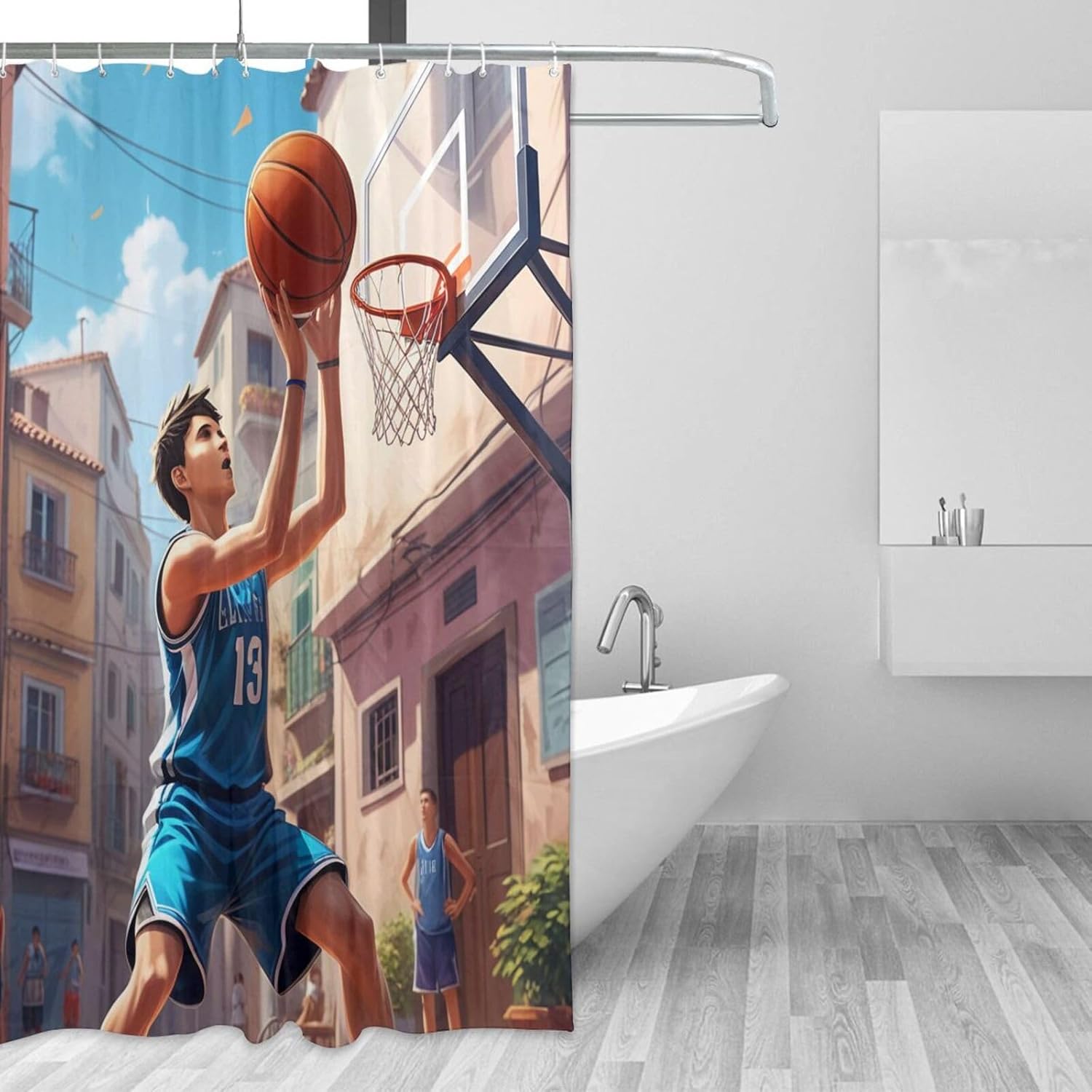 ZhongGuo Basketball Sport Printed Shower Curtain,Heavy Boho Fabric Shower Curtains for Bathroom,Shower Curtain Set with Hooks 72x72