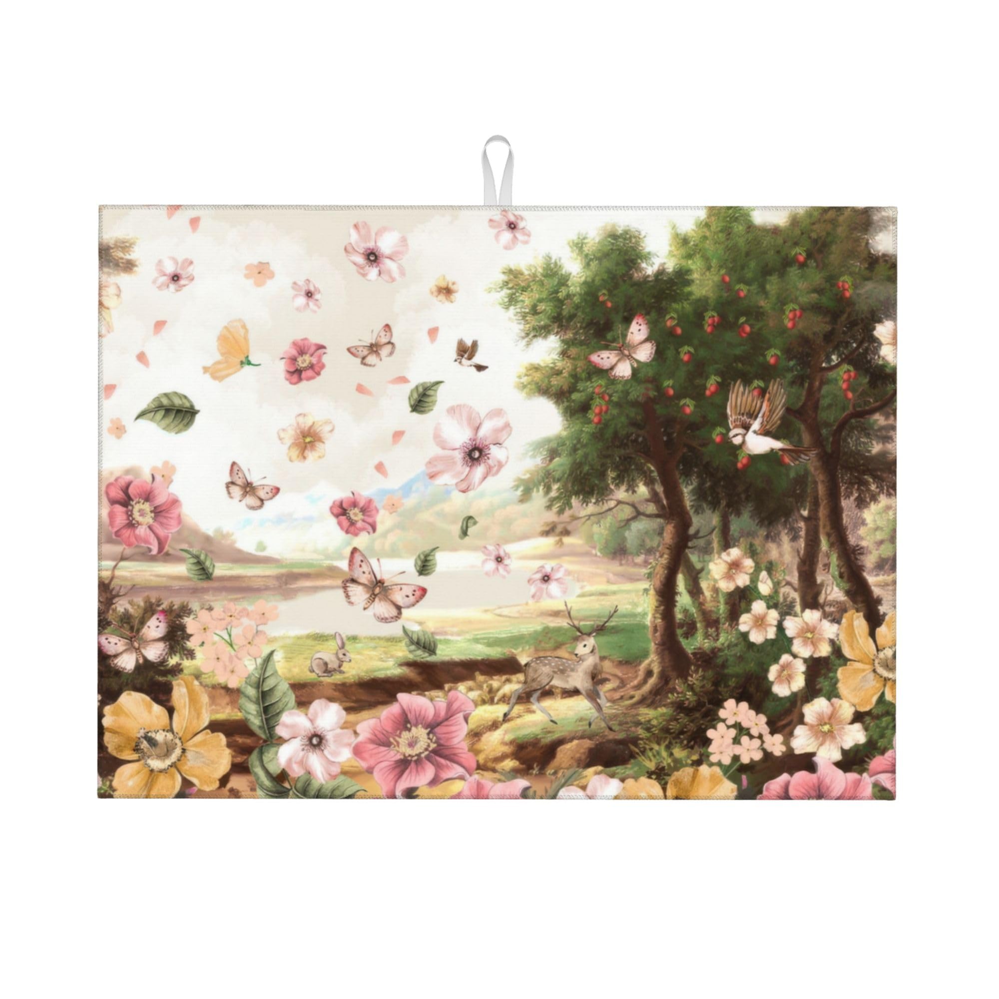 Retro Country Woods Deer Dish Drying Mat 18x24 Inch, Microfiber Absorbent Fast Dry Mat Flowers Butterfly Large Dish Mat Drying Kitchen Mat, Kitchen