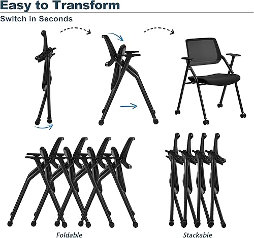 Miniatura 6 de Okeysen Paquete de 2 sillas apilables y plegables para sala de conferencias, silla de recepción de invitados de malla con brazos, silla de oficina