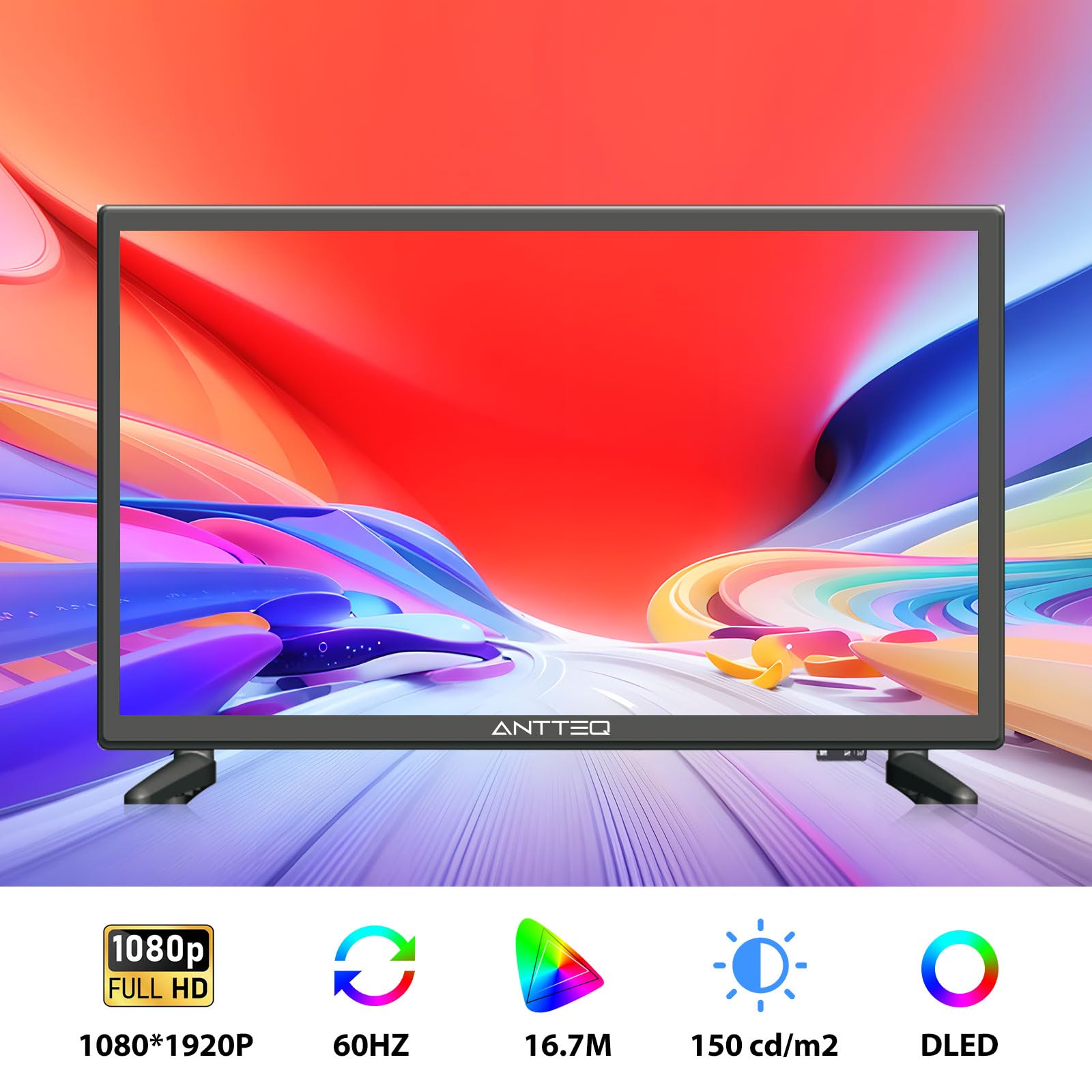 Antteq LED TV 22 Pollici (Televisore 55 cm) 2K D-LED con 12V, Triple Tuner DVB-C/T2/S2, Modalità Hotel, Audio Dolby, SCART & CI+ – Ideale per Camper, Campeggio e Hotel