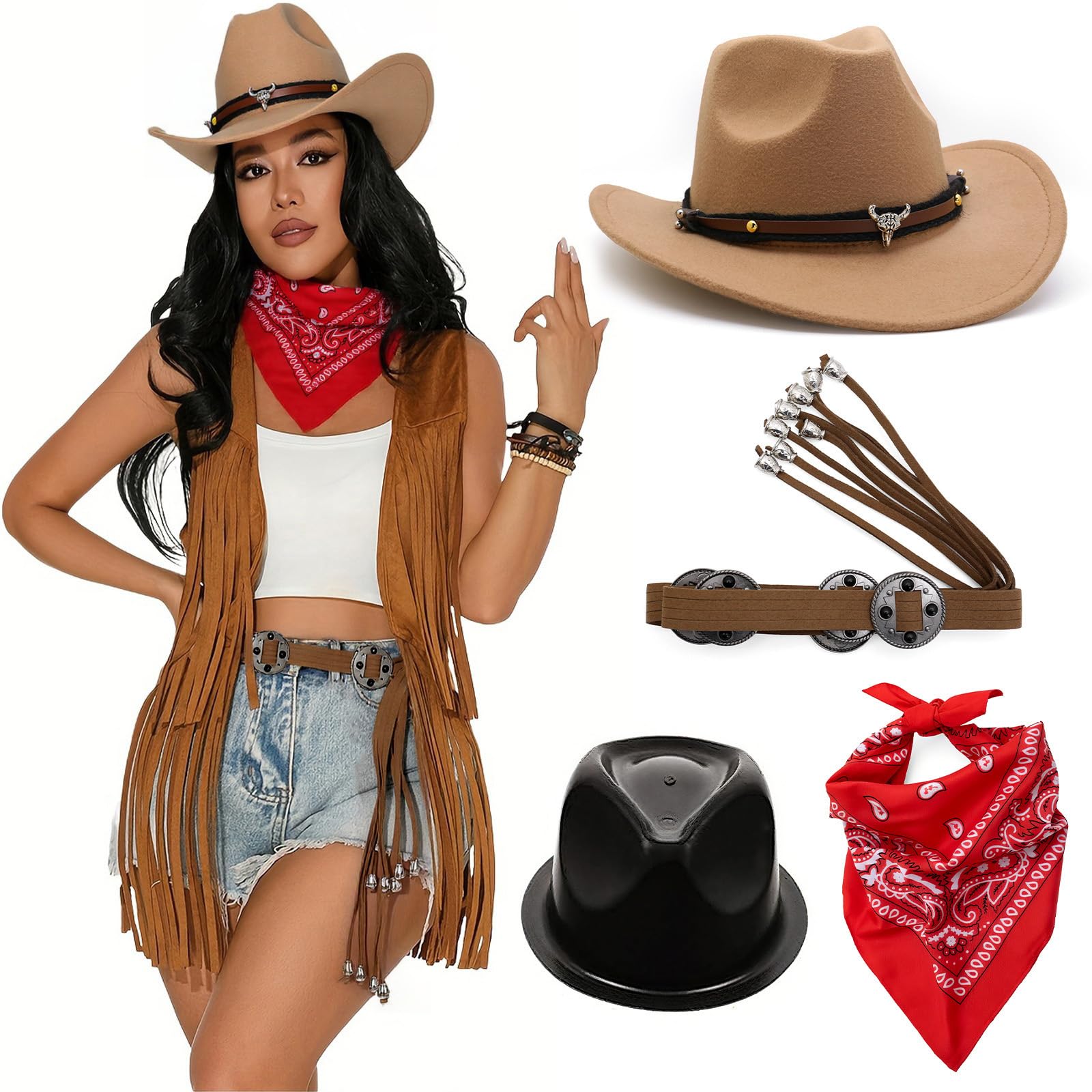 MICFENY 3Pcs Cowgirl Outfit Accessories Including Rodeos Hat Bandana For Wild Western Cosplay Event