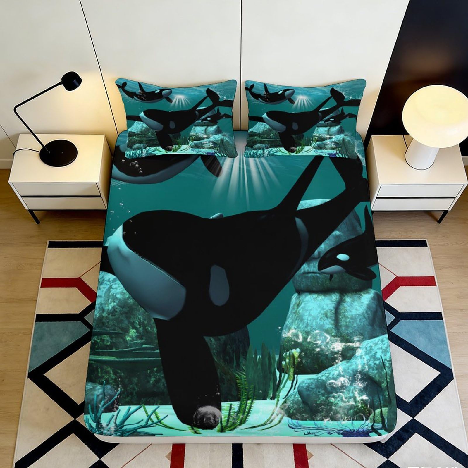 3D Printed Orca Whale Fitted Sheet Microfiber Soft Breathable Underwater Scene Mattress Cover for Bedroom Dormitory Guest Room Protection Decor 90x200x25cm