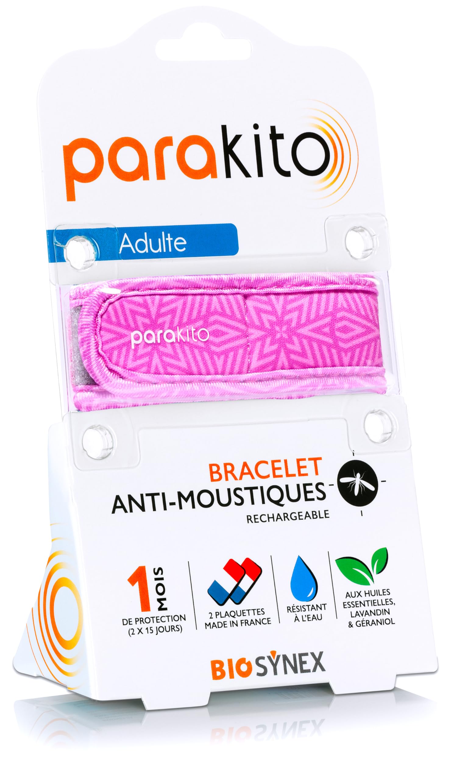 PARAKITO - Bracelet Anti-​Moustiques Réutilisable - 2 Plaquettes Incluses aux Huiles Essentielles - 1 Mois de Protection - Sans DEET - Motif Graphique Rose - Taille Adulte