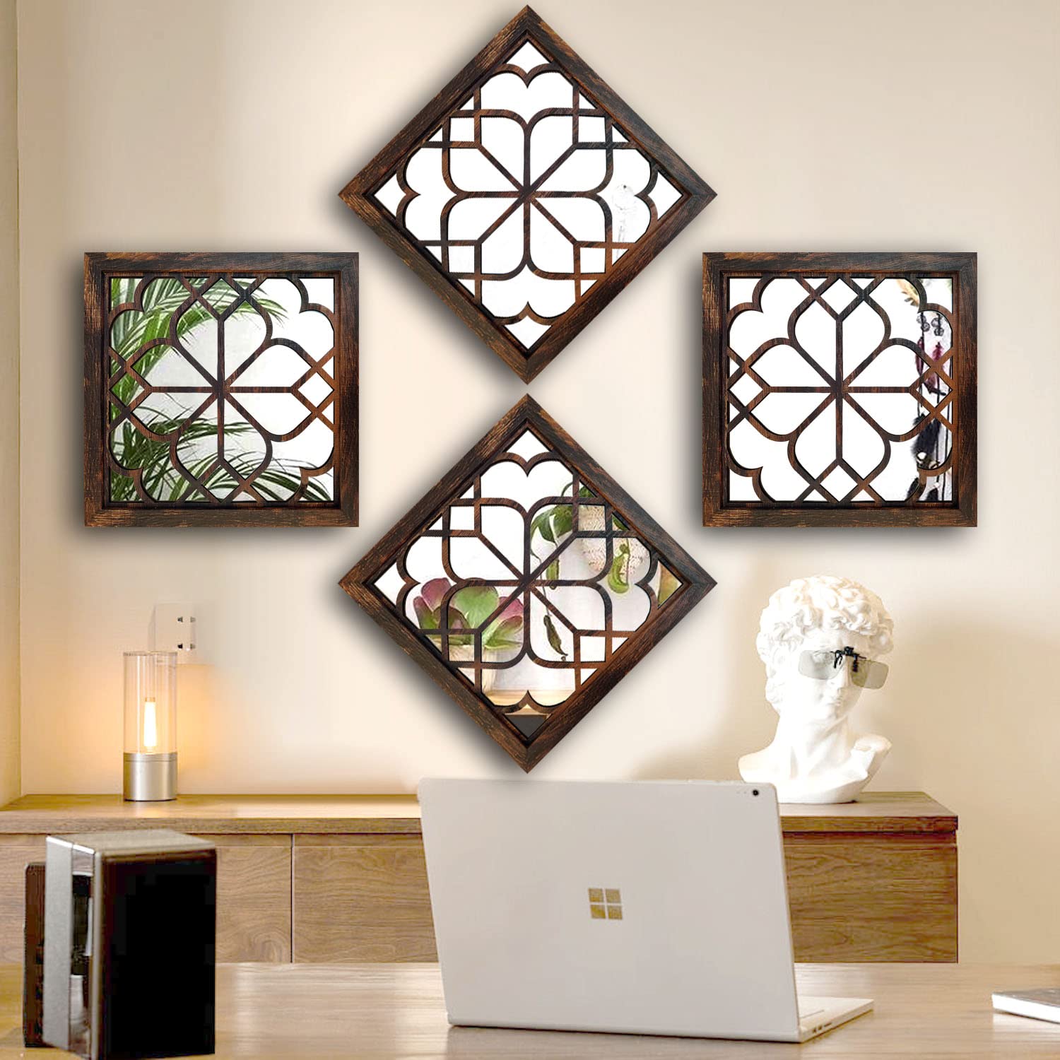 Wocred Set of 4 Mirrors Square Wall Mirror,Gorgeous Rustic Farmhouse Accent Mirror,Caramel Color Entry Mirror for Bathroom Renovation,Bedrooms,Living Rooms and More (12 inch)