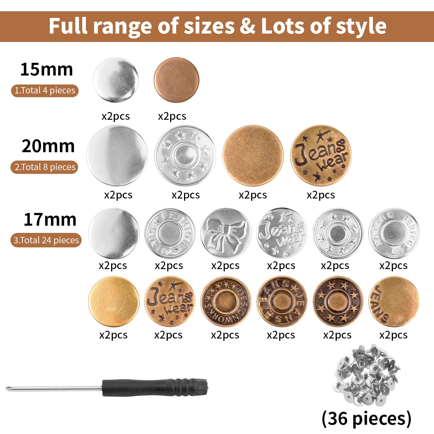 36 Boutons Pression Métal Pour Jeans 17mm - Boutons Clipsables Sans Couture, Réglables Et Amovibles Pour Réparation Vêtements - 9
