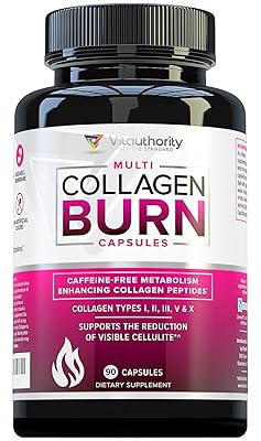 Multi Collagen Burn: Multi-Type Hydrolyzed Protein Peptides with Hyaluronic Acid, Vitamin C, SOD B Dimpless, Types I, II, III, V and X, Caffeine-Free (Unflavored Capsules)