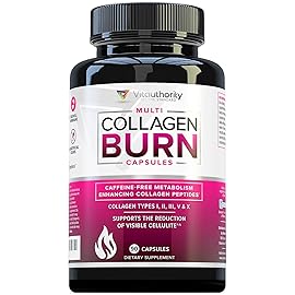 Multi Collagen Burn: Multi-Type Hydrolyzed Protein Peptides with Hyaluronic Acid, Vitamin C, SOD B Dimpless, Types I, II, III, V and X, Caffeine-Free (Unflavored Capsules)