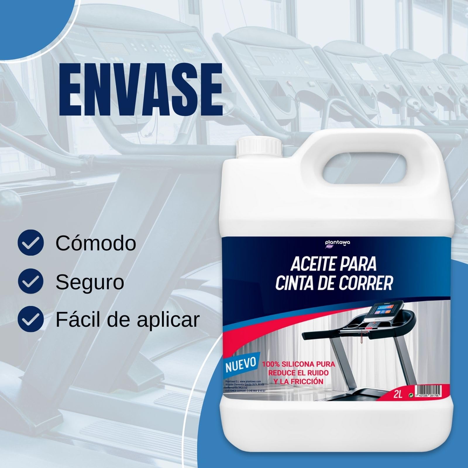 Plantawa Aceite para Cintas de Correr 2L | Lubricante Silicona Cinta Correr. Ideal para Gimnasios, Cintas Domésticas. Aplicación Precisa. Apto para todas las cintas de correr.