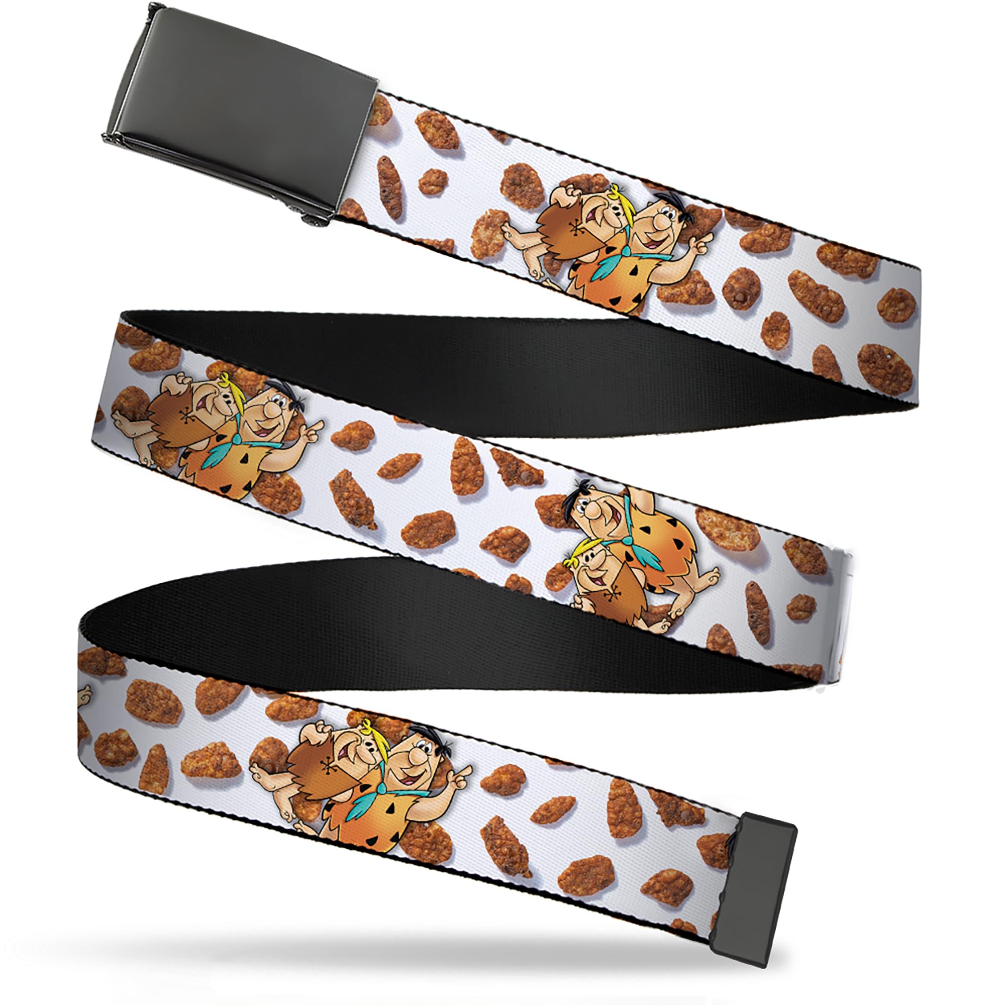 Buckle-Down The Flintstones Belt, Flip Web Belt Cocoa Pebbles Fred and Barney Pose and Cereal White Browns, 1.25 Inch Wide, Fits up to Size 42