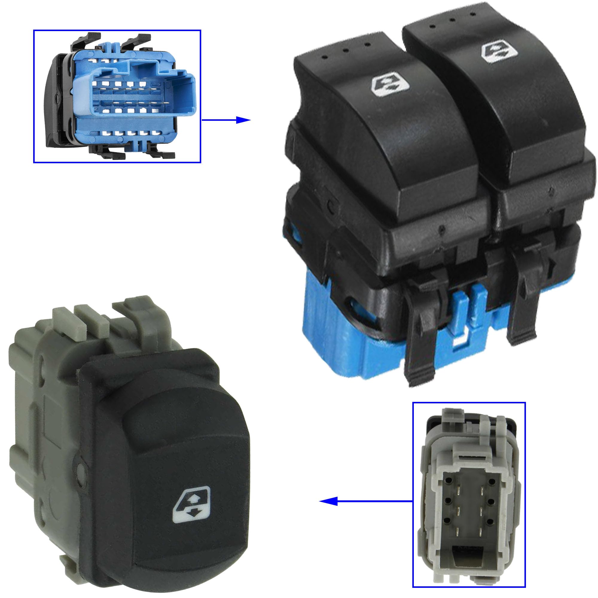 Partsline Double Bouton de Lève-Vitre Avant Gauche avec Bouton de Lève-Vitre Avant Droit compatible avec Mégane 2, Scénic 2 - Équivalent à 8200107772 8200315013