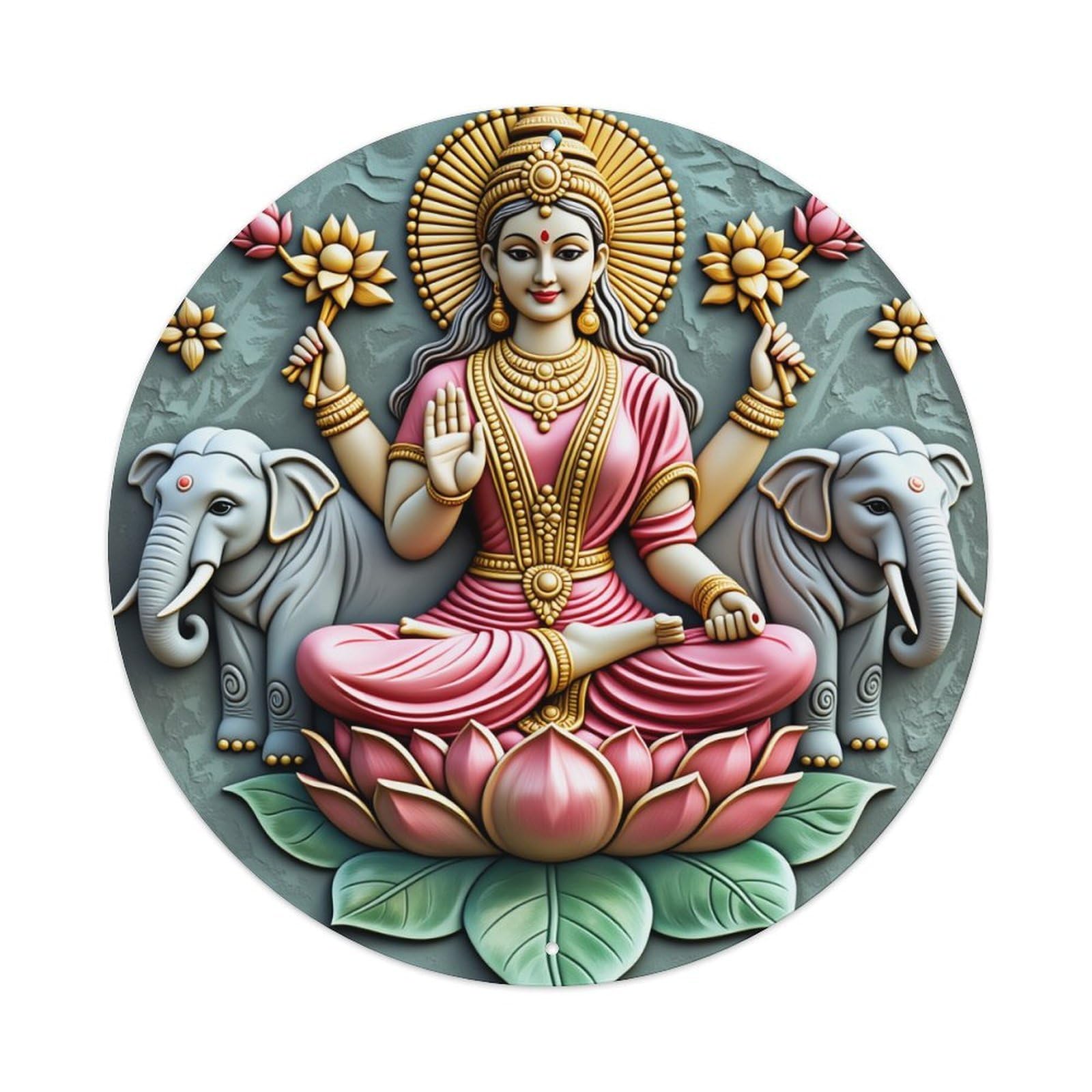 Divine Goddess With Elephants And Lotus Round Tin Sign Vintage Style Metal Sign Home Bar Garden Wall Plaque Decor Metal Poster 8x8 Inch