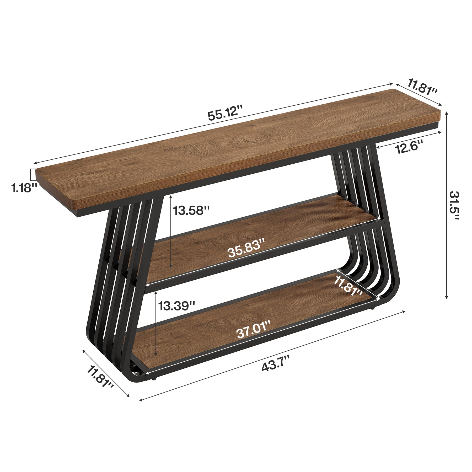 Tribesigns 140 cm Konsolentisch mit Ablagen, 3-stufiger Sofatisch mit Eisenrahmen, Holz Flurtisch für Wohnzimmer, Foyer, Flur, im Industrial-Stil