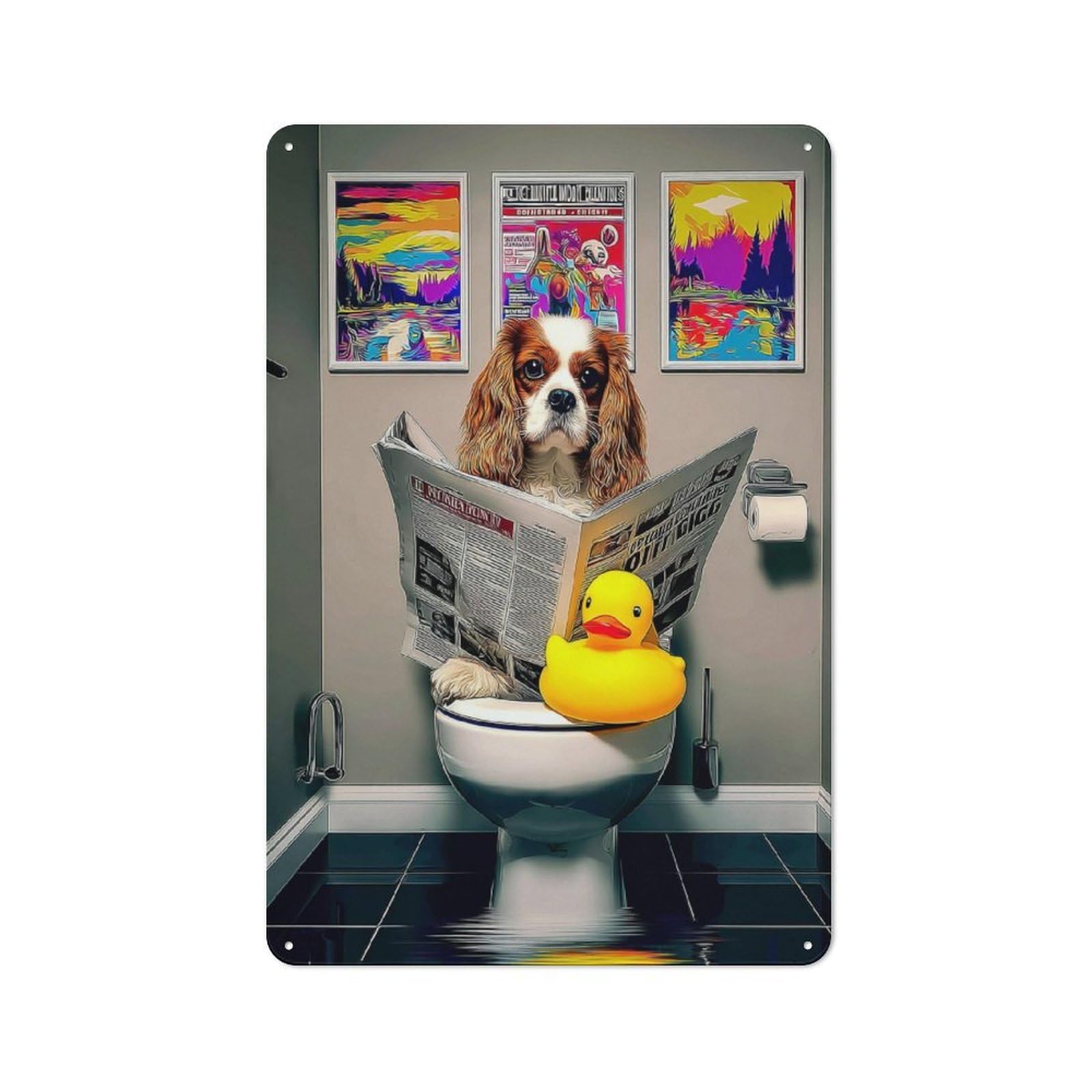 Junmoney Dog Reading Newspaper In Bathroom Metal Wall Plaque With Design 30X20cm, Classic Retro Room Decor For Kitchen, Hallway, Bar Or Small Cafe