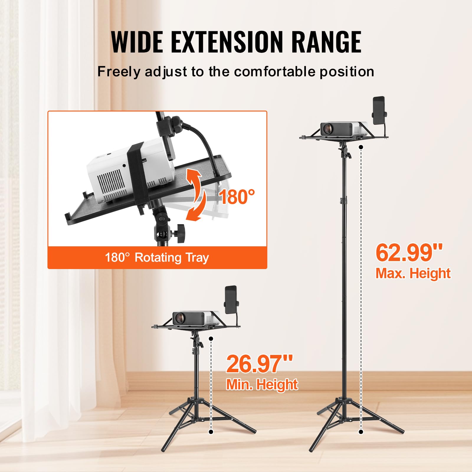VEVOR Soporte para Proyector, Trípode para Computadora Portátil con Bandeja y Soporte para Teléfono con Cuello de Cisne Altura Ajustable de 685-1600 mm para Películas al Aire Libre, Hogar, Oficina