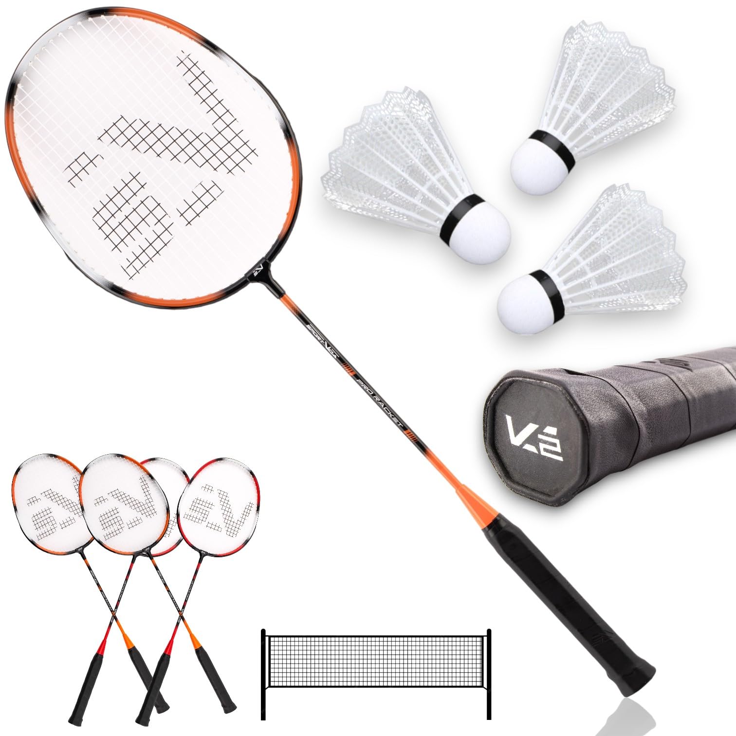 SportVida Badminton Set 2-4 Spieler, Badmintonset für die Familie zum Spielen und Trainieren (4 Spieler (Mit mesh))