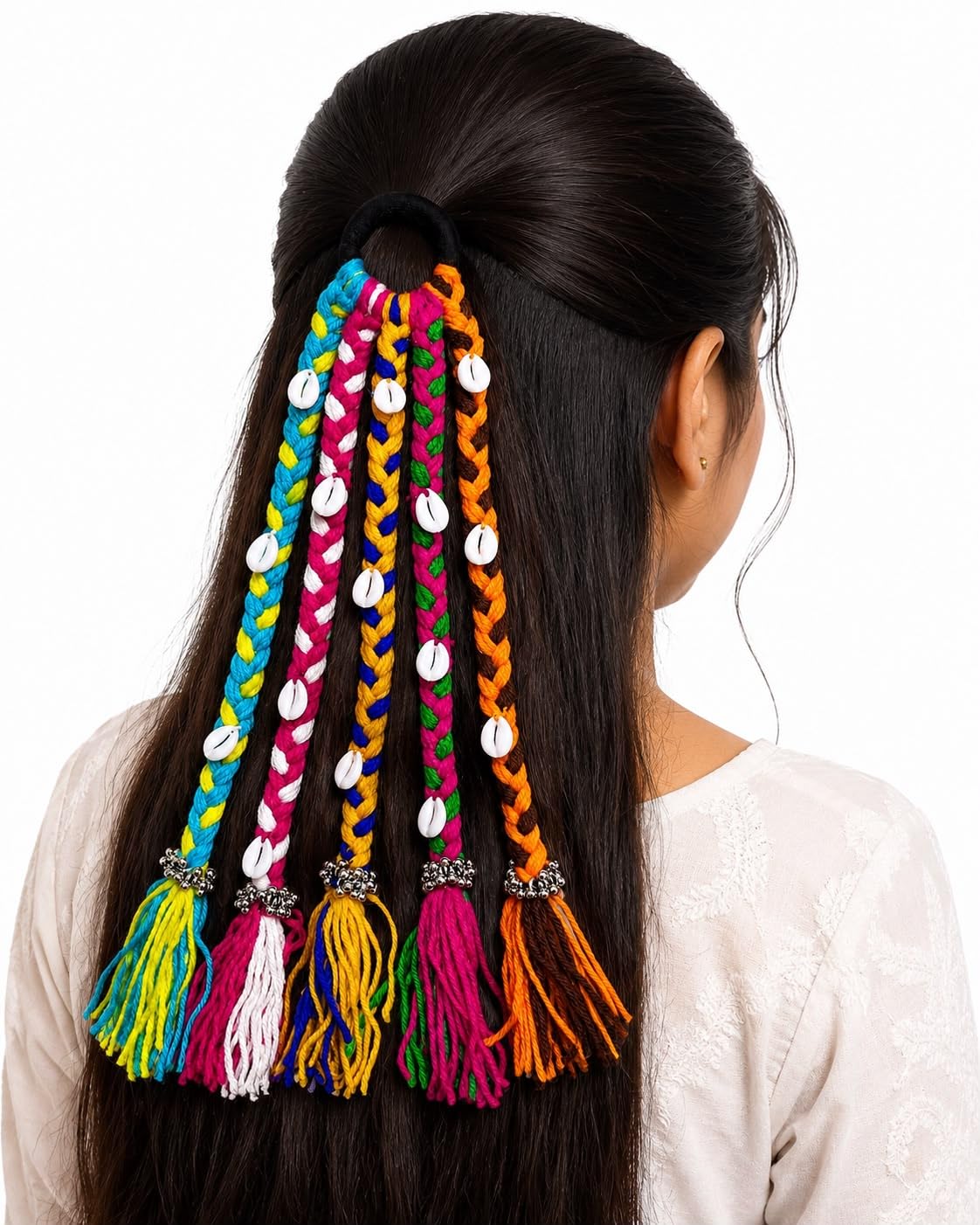 Navratri Look Hair Braids with Rubber Bands Girl and Women, Hair Accessory for Everyday Style and Rainbow Color Braids Extensions Hair Color | Boho Chic Style | 5 pcs set (Multicolour)-image-9