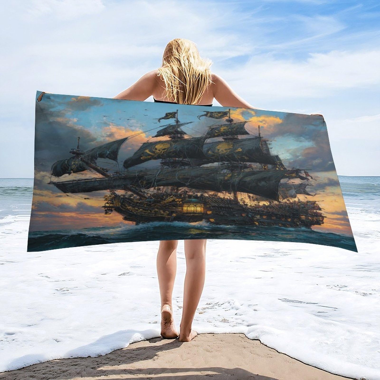 Luyysky Retro Nautical Pirate Ship Absorbent Beach Towel, Realistic Watercolor Sunset Ocean Waves Animal Bird Seagulls Outdoor Single-Sided Velvet Beach Towel-80 W Cm X 160" L Cm
