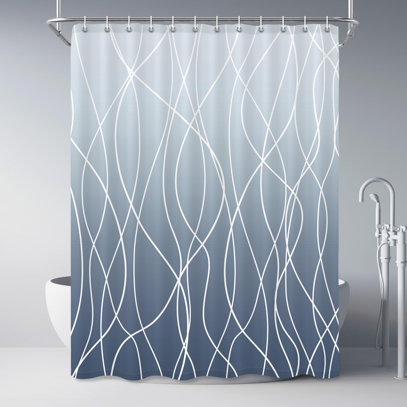Punkray Ombre Blue Shower Curtain for Bathroom with Hooks, White Shower Curtain Set, Stripe Bath Curtains Decorative Shower Curtains Water Repellent
