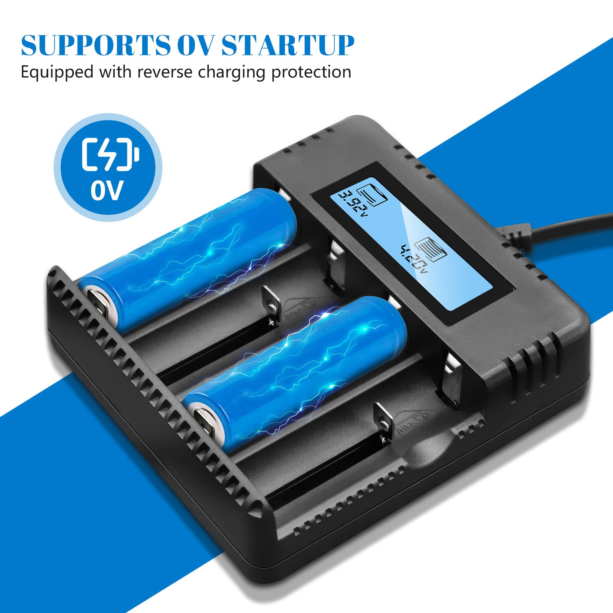 LCD Chargeur de Piles, Chargeur de Batterie avec 4 Lots de Charge Chargeur pour 3.7V 26500/18650/14500/16340/26700 Lithium