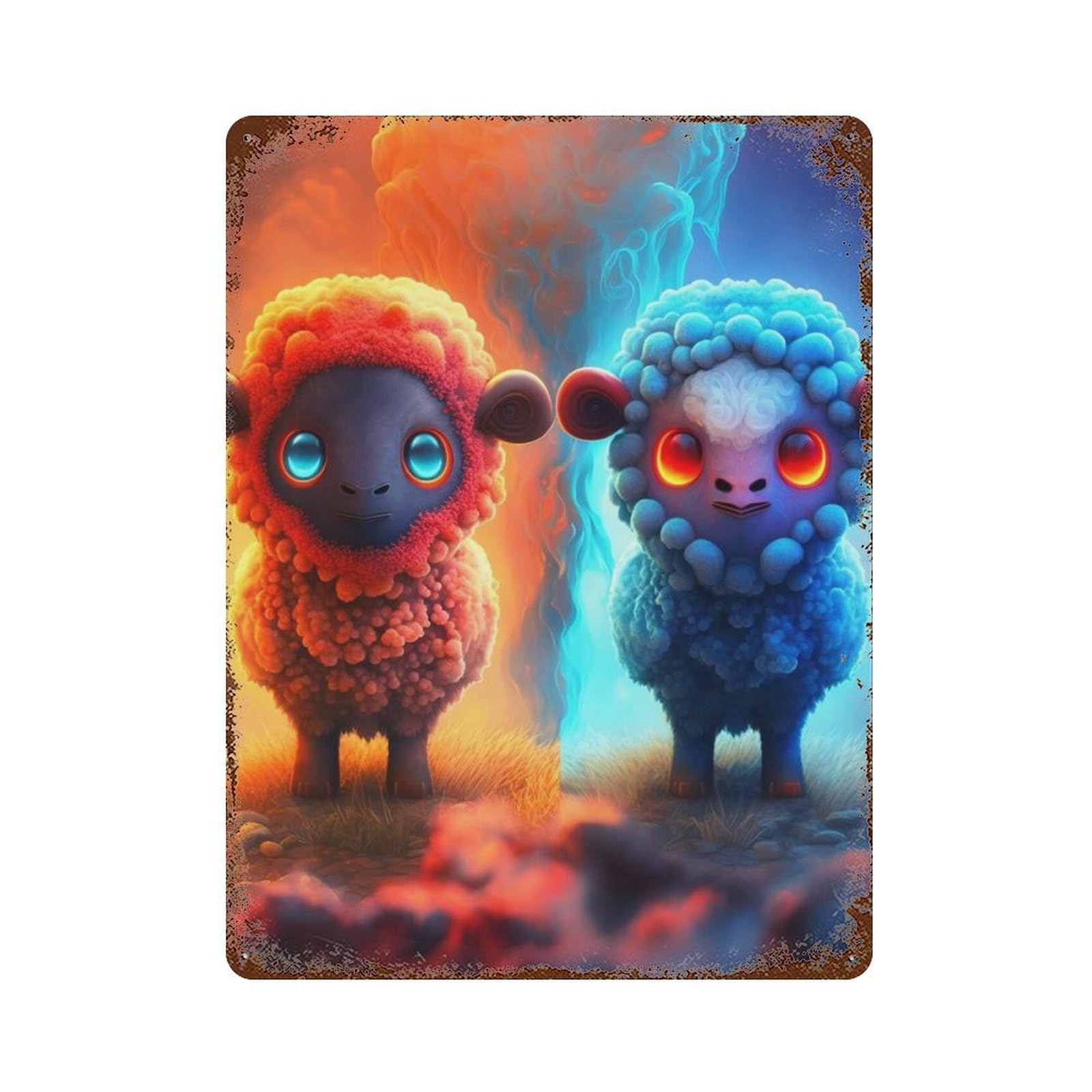 Magical Sheep Duo Red Vs Blue Distressed Metal Wall Sign 15.7"x11.8", for Garage, Bar And Workshop Decor, Decorative Metal Wall Art