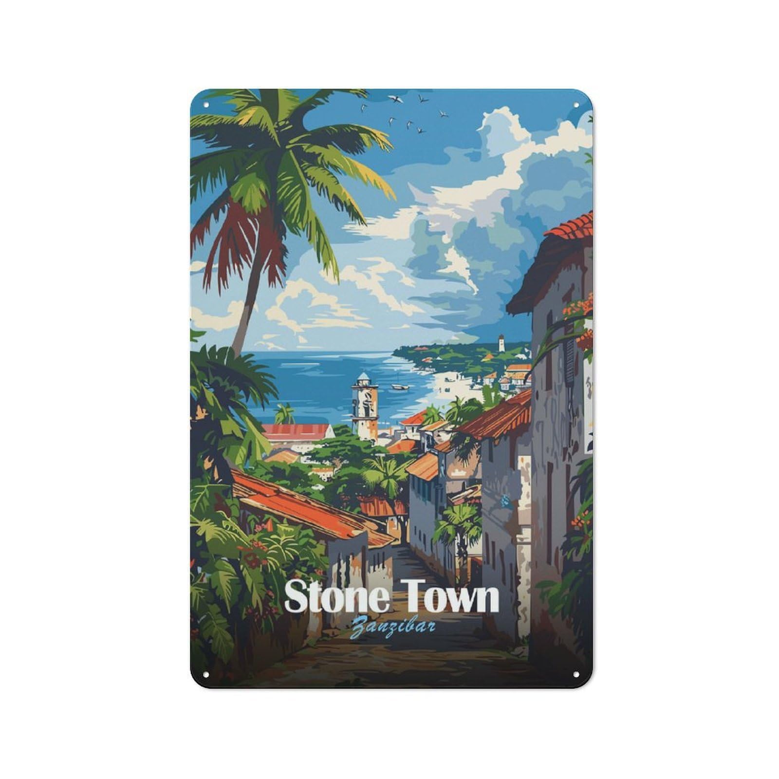 Junmoney Style-9 Tin Wall Plaque 30X20cm With Stone Town Zanzibar For Home Bar Wall, New-Space Wall Decor For Hosts Who Enjoy Retro Interiors