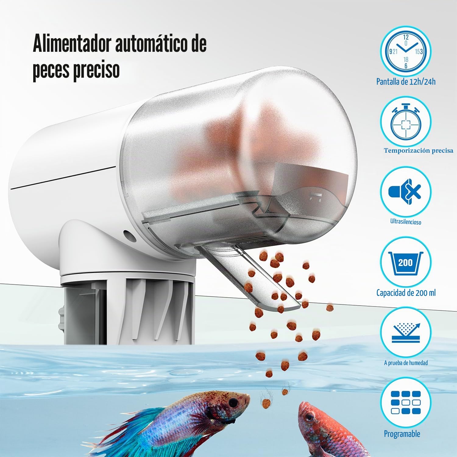 JuzPetz - Comedero automático de Peces | Pantalla Digital y ajustes programables | Comedero automático para acuarios | Accesorios para acuarios |Blanco