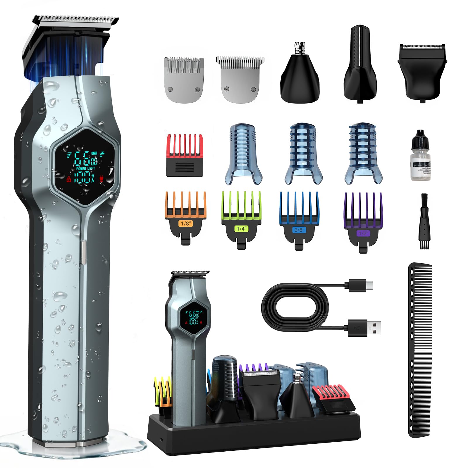Beard Trimmer for Men, Magnetic Snap-on Replacement Heads &amp; Charging Dock, IPX7 Waterproof Cordless Hair Clippers, Mens Grooming Kits for Mustache/Body/Face/Ear/Nose, Blue