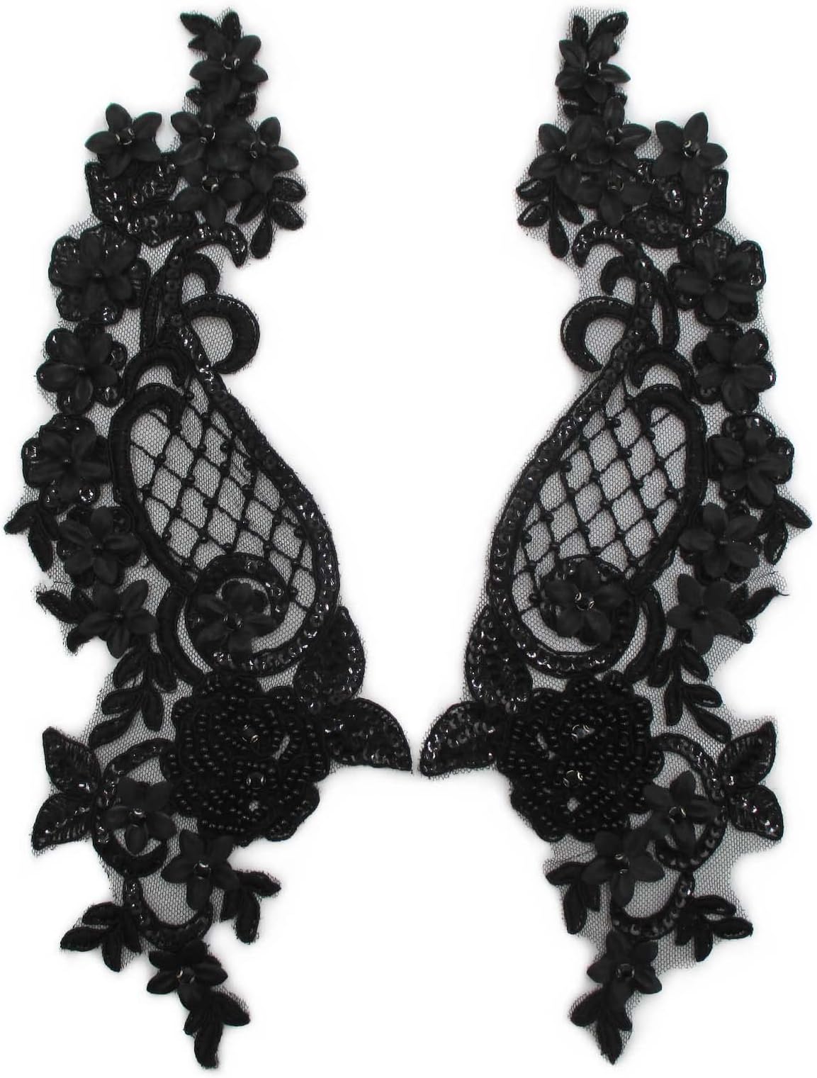 Black Sequin Beaded Appliques Pair Patches Lace Flowers Pattern Rayon Embroidered on Mesh Backing Pack of 1 Pair