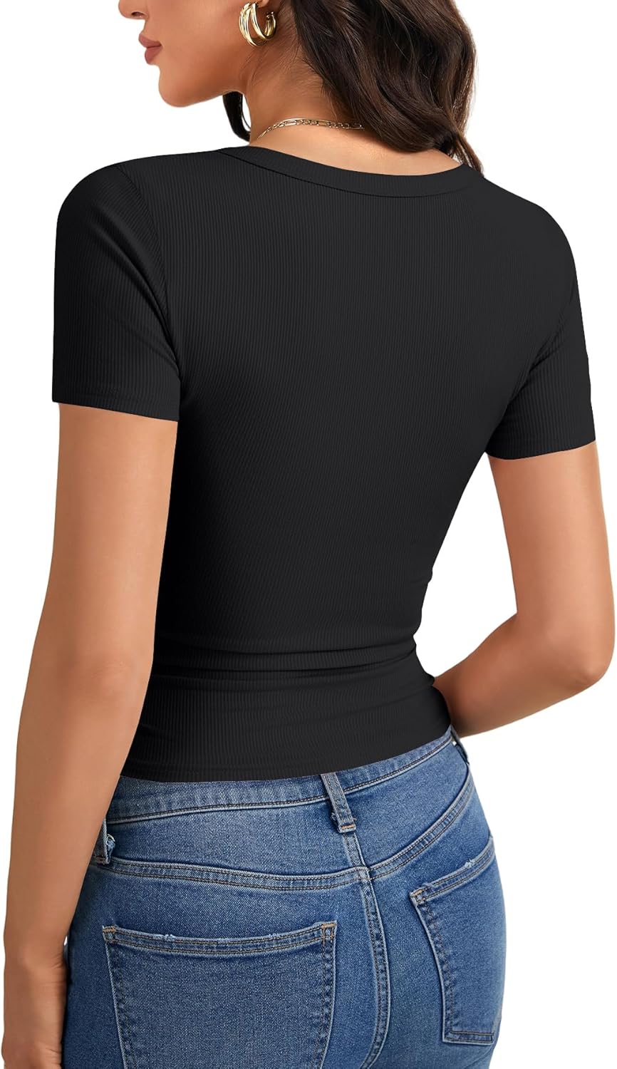 LYANER Women's Scoop Neck Ribbed Knit Slim Fitted T Shirts Short Sleeve Basic Crop Tops - Image 5