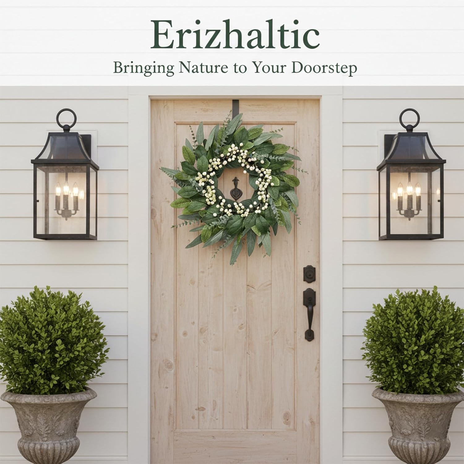24 Inch Spring Wreaths for Front Door, Artificial Eucalyptus Greenery Wreath with White Berries, Large Farmhouse Door Wreath for Summer Year-Round Outdoor Indoor Wall Decor