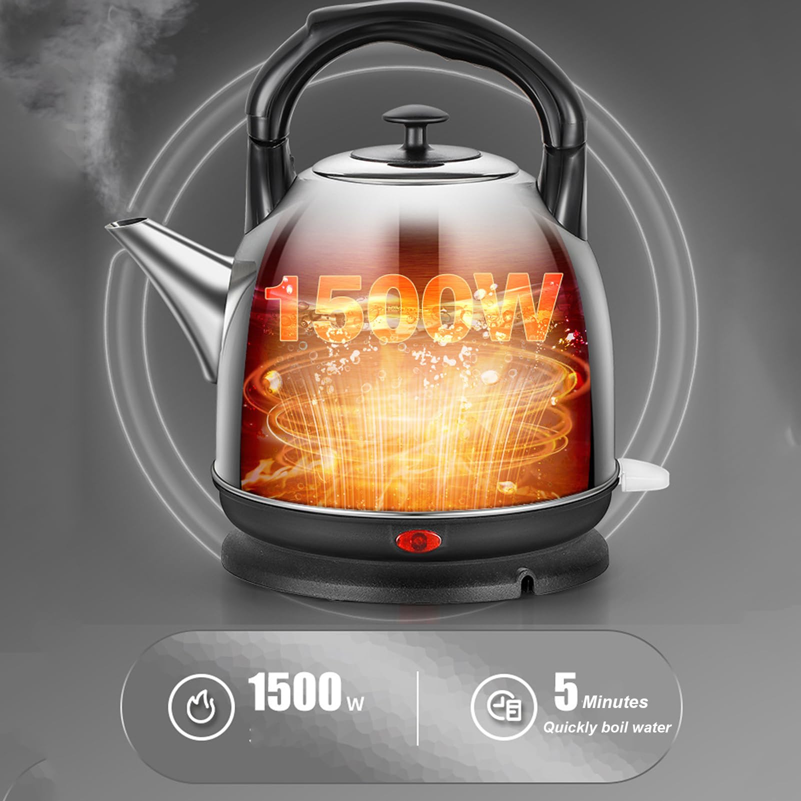 Szczotkowana stal nierdzewna elektryczny 5 l czajnik bezprzewodowy cichy i szybki gotowanie 1500 W, uchwyt zapobiegający oparzeniom, idealna wylewka srebrna, 5 l