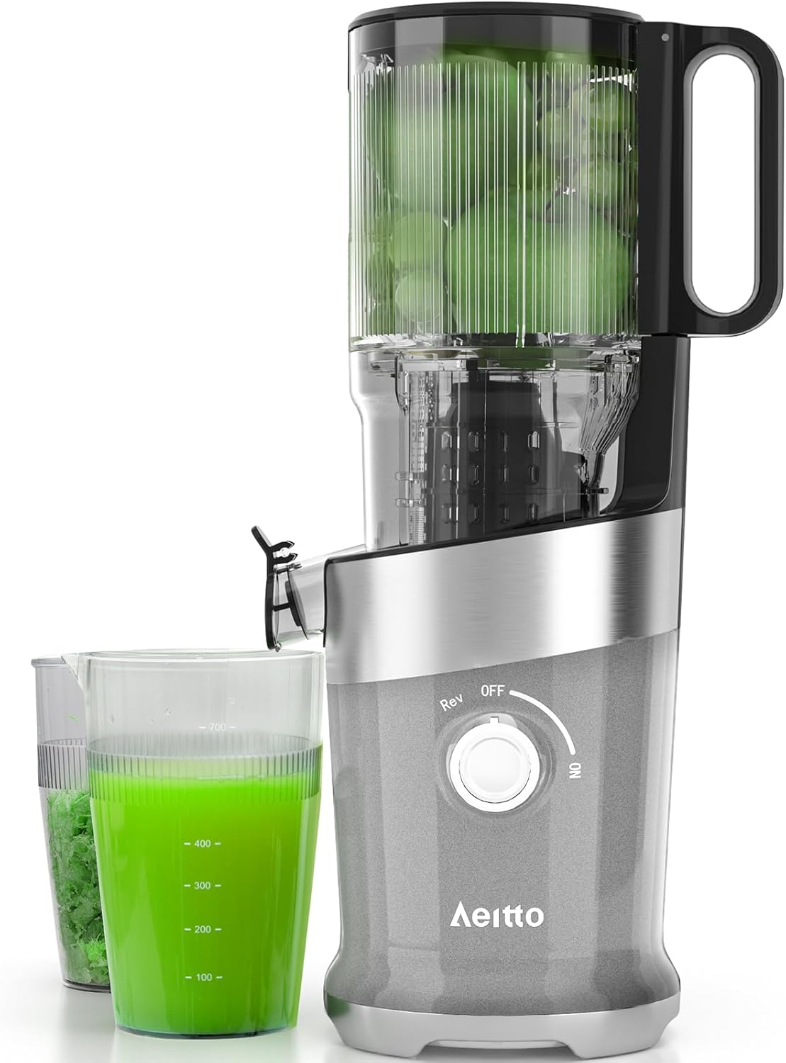 Aeitto Cold Pressed Juice Extractor with a glass of green juice and pulp container