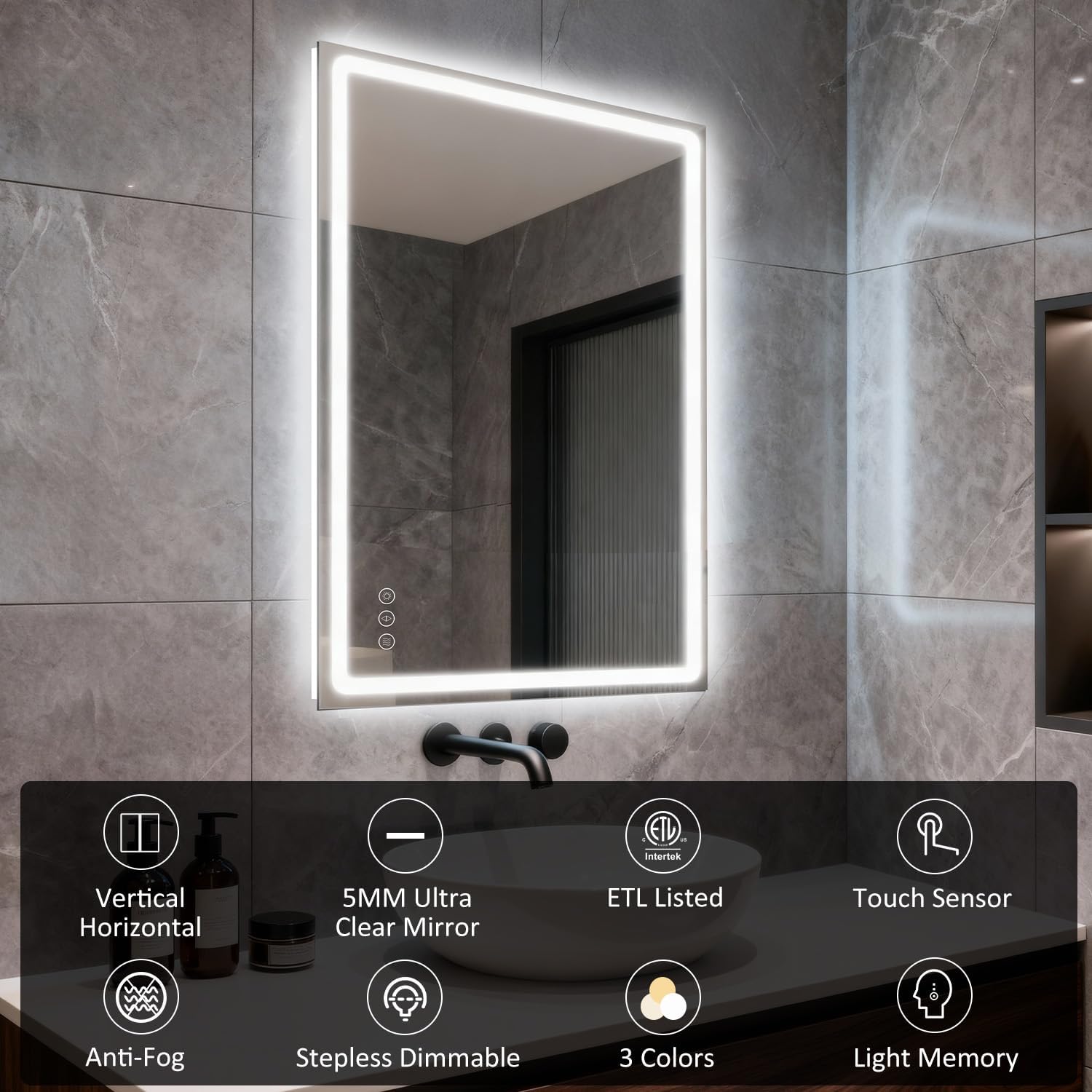 20 * 28" Led Vanity Mirror, Smart Light Up Shower Mirror Fogless, Make Up Wall Mirror with Lights, 3 Color Temperatures, Brightness Adjustment, Memory Function, Quick Installation